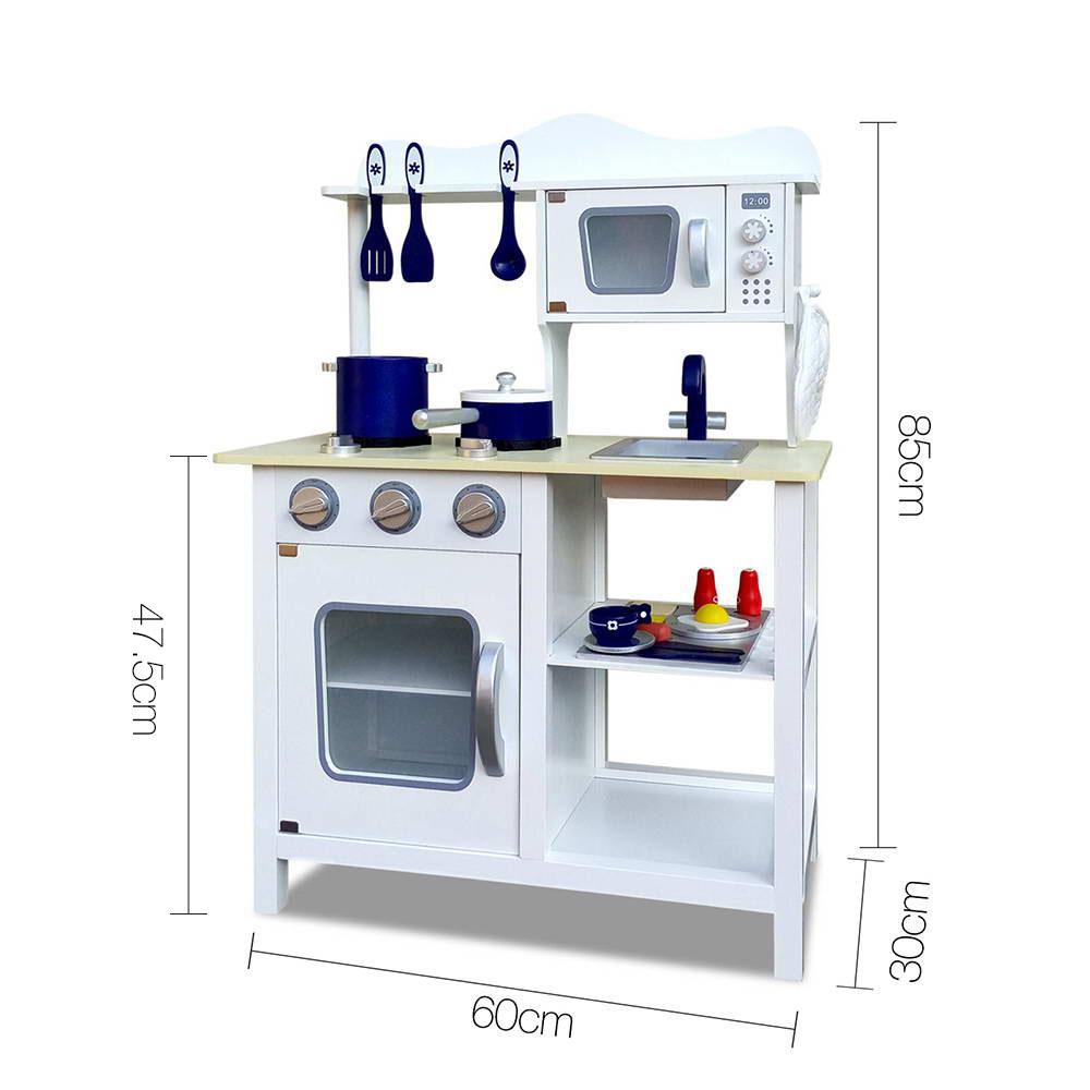 Keezi 18 Piece Kids Kitchen Play Set in white and blue, featuring a stove, microwave, sink, and various cooking accessories.